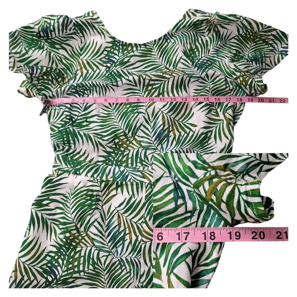 Loft Medium Green White Palm Linen-blend Tie-back Romper Pockets Tropical - Picture 13 of 15